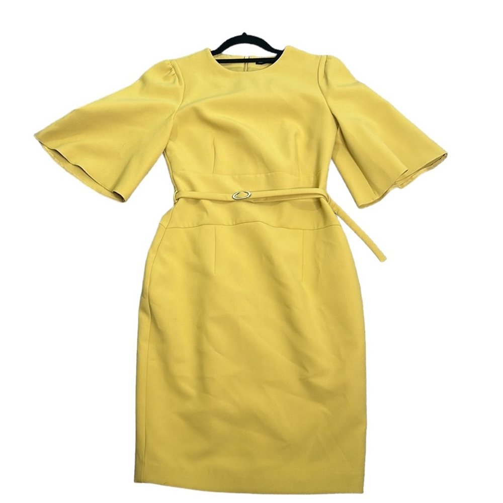 Karen Millen Yellow Belted Midi Dress with Flutter Sleeves